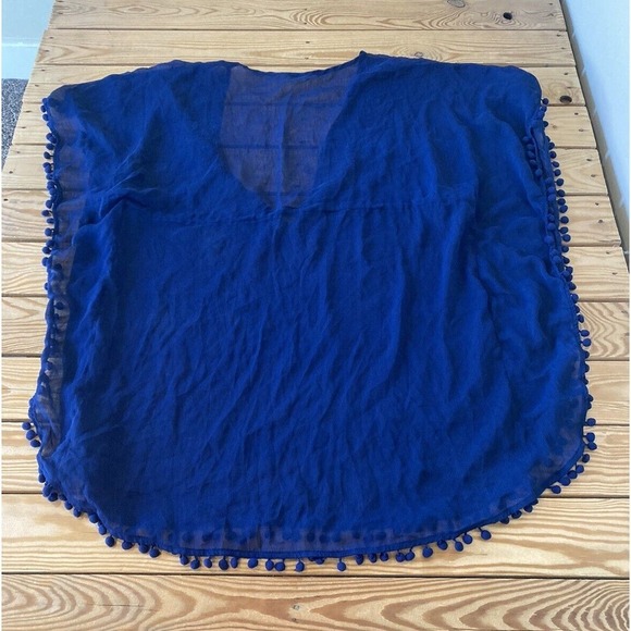 Rod Beattie Bleu Pom Pom Trim Sheer Cover Up Dress Top Size Medium Women’s Blue - Picture 2 of 6